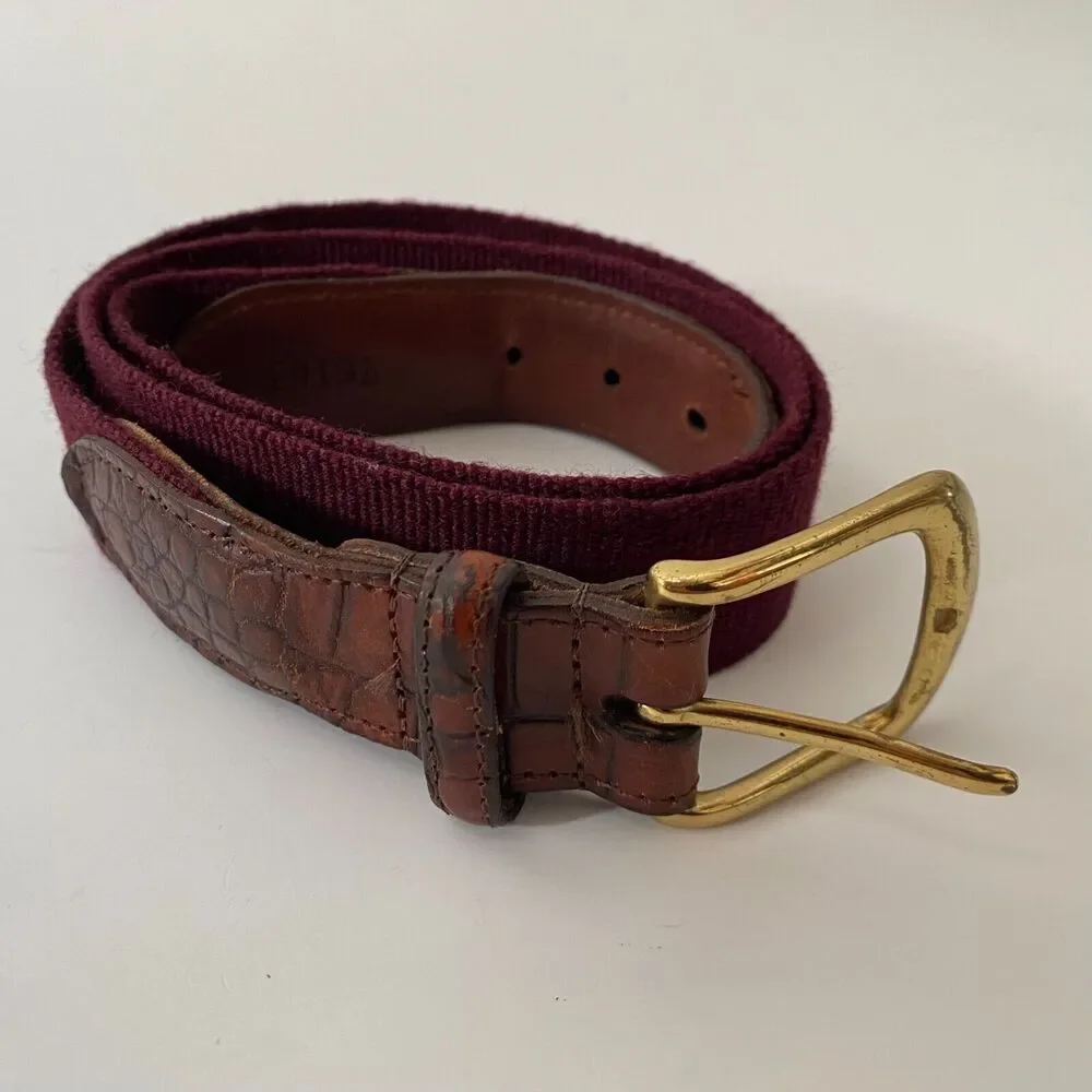 Men's Belt Burgundy Red Classic Canvas & Brown Leather Siz 34 Solid Brass Buckle